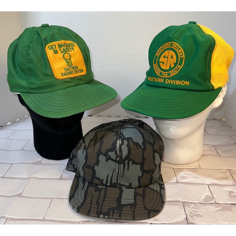 Vintage Southern Railway System & Bark Camo Trucker Hats Snapback Lot of 3